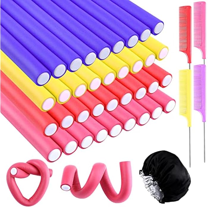 Elcoho 36 Pieces 9.45 x 0.63 Inch Inch Flexible Curling Rods Twist-flex Foam Hair Roller Hair Curlers Rollers Flexible Curling Iron, 4 Comb, 1 Satin Bonnet, 1 Cosmetic Bag (Purple, Pink, Red, Yellow) - Image 1